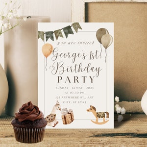 Vintage Goose 1st  Birthday Party Invite Template, Sage Green, Editable in Canva, First Birthday Invitation, Neutral, Balloons, Customize