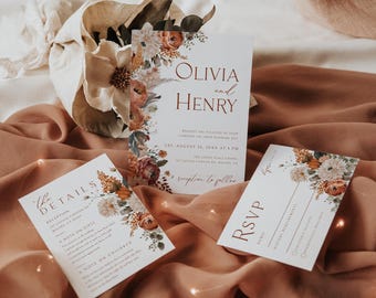 Floral Terracotta Wedding Invite Suite, Terracotta Floral Wedding Invite Set , Terracotta Fall Details Card, Burnt Orange RSVP Card, TFWD
