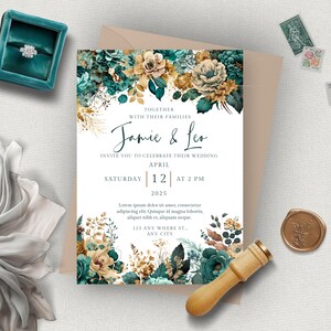 Teal &amp; Gold Wedding Invitations Edit in Canva, Teal and Gold Wedding ...