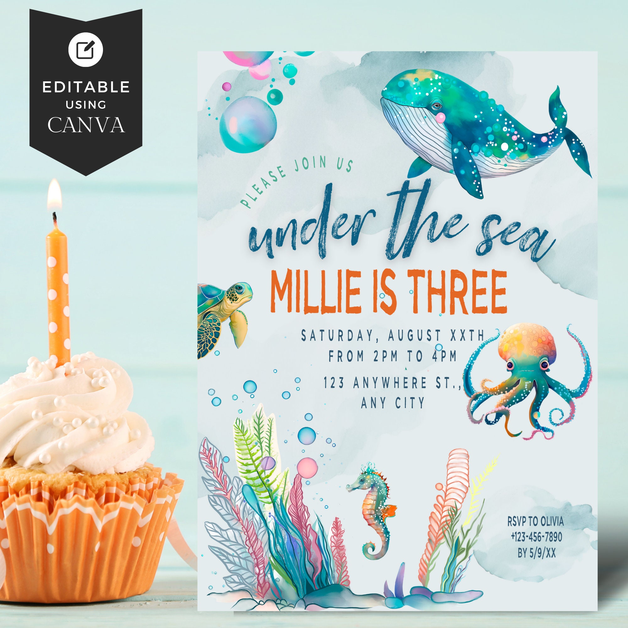 Under the Sea Three Birthday Party Invite Template, Under the Three ...