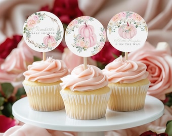 Różowe dekoracje na babeczki z dyniami, Różowe dekoracje na baby shower z dyniami, Jesienny baby shower, Edytowalne dekoracje na babeczki, 085