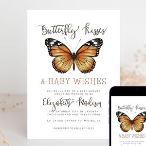 May include: A baby shower invitation featuring a butterfly graphic and the text "Butterfly Kisses & Baby Wishes". The invitation is for Elizabeth Madison and includes the date, time, and location of the shower.