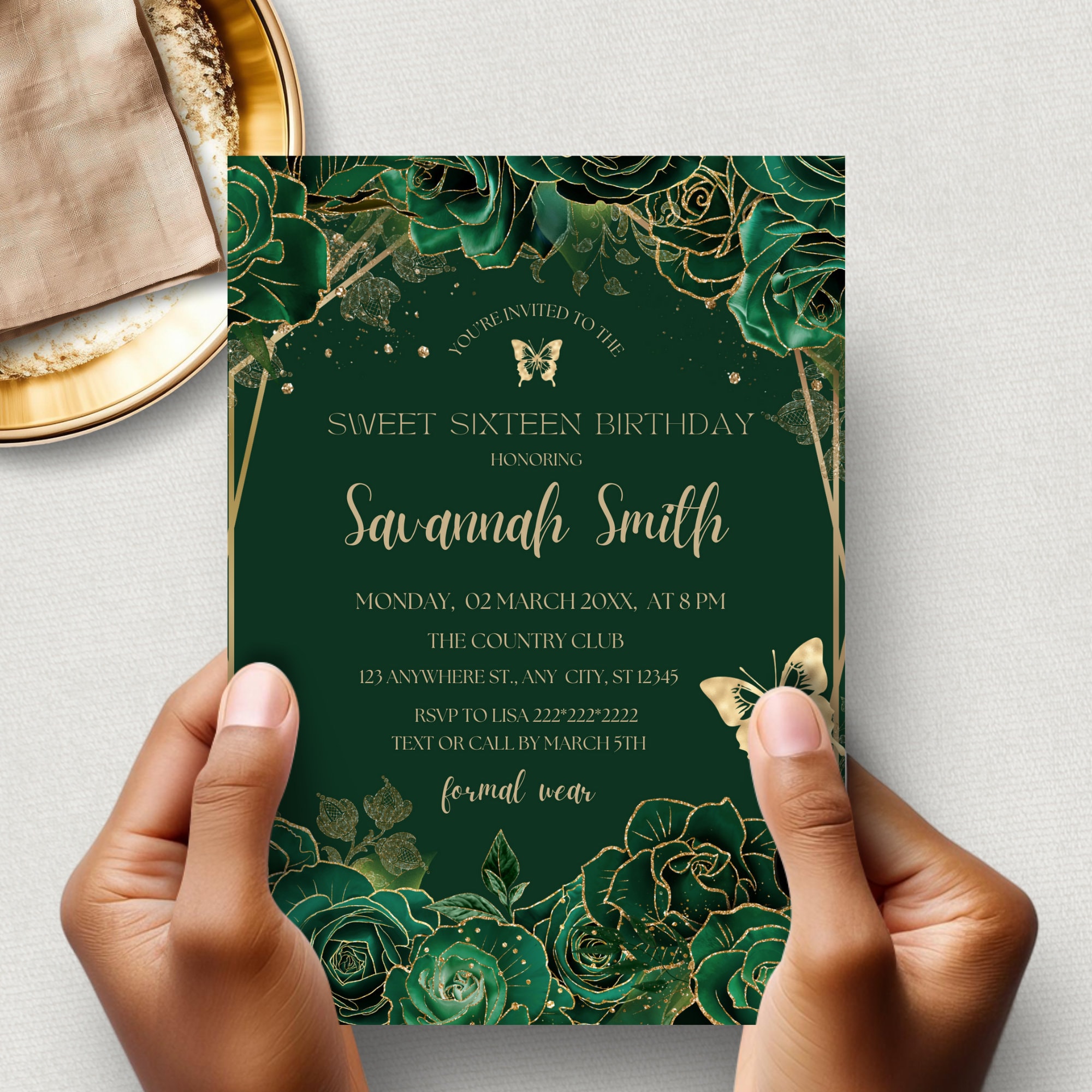 スイート 16 招待状 デジタル エメラルド グリーン、エメラルド