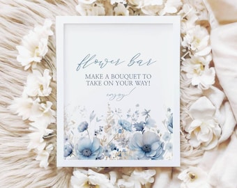 Flower Bar afdrukbaar bord babyshower, instant download, blauwe bloemen baby in bloei aangepaste bewegwijzering, jongensbabyshower, Templett, bibbl