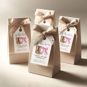 May include: Favor boxes with brown paper and a brown ribbon tied in a bow. Each box has a tag attached with the text "boots or bows" and a watercolor illustration of a pink bow and a brown cowboy boot. The text on the tag also says "Thank you for coming to Baby Smith's Gender Reveal."
