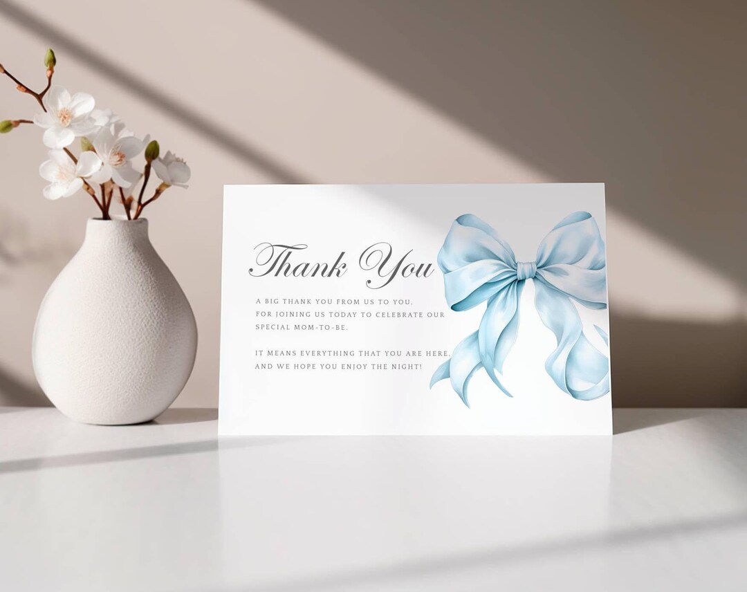 Blue Bow Thank You Card - Editable Blue Bow Baby Shower Thank You Card ...