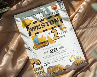 Construction 2nd Birthday Invitation, Construction Birthday Invite, Editable Template, Construction Theme , For Boys | Instant Download