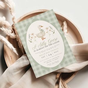 Invito per baby shower a tema oca con motivo a quadretti verde salvia - Invito per baby shower a tema oca modificabile - Modello stampabile - Baby shower estivo - slgg