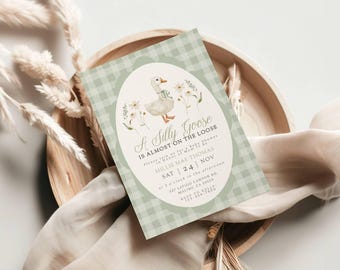 Salie groene pastel Silly Goose babyshower uitnodiging - bewerkbare gans babyshower uitnodiging - afdrukbare sjabloon - zomerdouche - 084