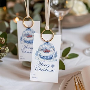Fire Truck Christmas Gift Tags - Christmas Party Gift Tag - Chinoiserie Blue & White Printable Favor Tag - Digital Template -Templett - chft