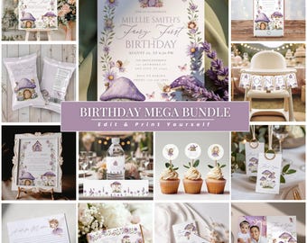 Kit de Aniversário de Fada para o Primeiro Ano, Decoração de Aniversário de Fada Roxa, Decorações Encantadoras para o Primeiro Aniversário, Convite de Fada, Conjunto de Aniversário de Menina Mágica