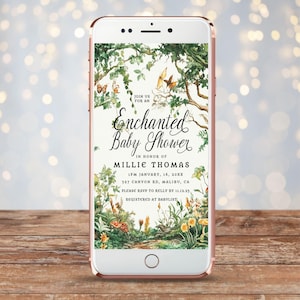 Digital Baby Shower Invitations Enchanted Forest - Forest Baby Shower - Neutral Baby Shower Invite - Digital Evite - Text - Templett - efbs1