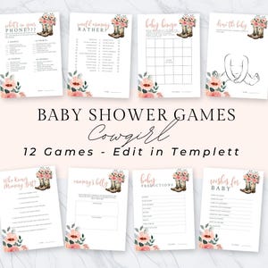 Cowgirl Baby Shower Games,  12 Printable Shower Games, Little Cowgirl Baby Shower Theme, Printable PDF, Instant Download, Templett, cwgrlbs