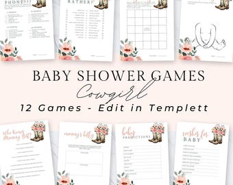 Cowgirl-Baby-Duschespiele, 12 druckbare Duschspiele, kleines Cowgirl-Baby-Dusche-Thema, druckbare PDF, Sofort-Download, Templett, cwgrlbs