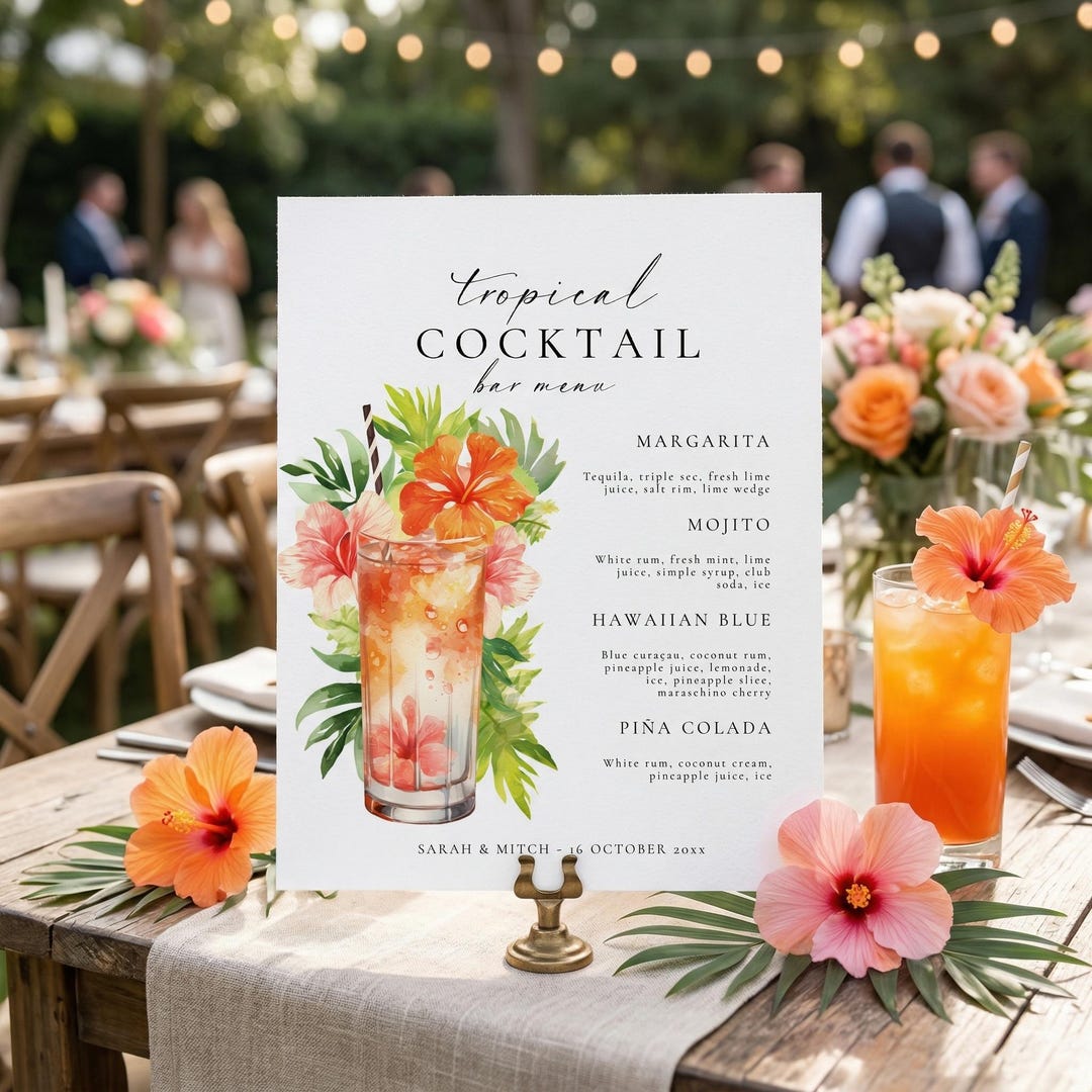 Citrus Floral Tropical Cocktail Bar Menu Sign Template, Sunset Wedding ...