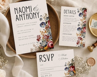 Vintage Floral Wedding Invitation Set, Details Card & RSVP, Editable Canva Templates, Printable