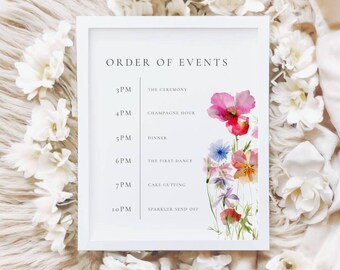 Wildflower Order of Events Sign, Wildflower Wedding Sign, Order of Events Table Sign, Bright Floral Wedding Sign, Printable, Templett - wfwi