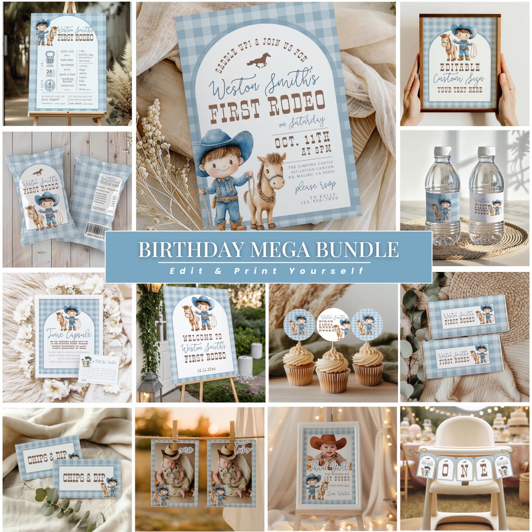 First Year Rodeo Frame First Rodeo Birthday Bundle, Digital Download Cowboy Party Decor, Mega ...