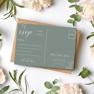 Rsvp de boda en verde salvia / Invitación de boda / Plantilla Canva / Descarga instantánea / Rsvp imprimible / Plantilla editable, Botánica, Minimalista