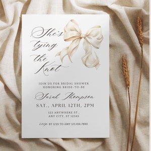 Bridal Shower Invitation Template Bow, She&#39;s Tying the Knot, White Bow, Invitation Template, Instant Download, Canva Template, Bridal Shower