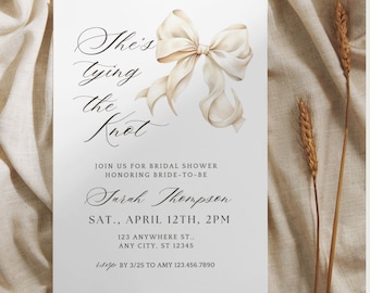 Bridal Shower Invitation Template Bow, She's Tying the Knot, White Bow, Invitation Template, Instant Download, Canva Template, Bridal Shower