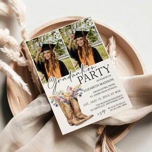 Cowgirl Graduation Invitation,  Western Grad Party Template, Editable Invite, Instant Download, Photo Graduation, Wildflowers, Templett, cgf