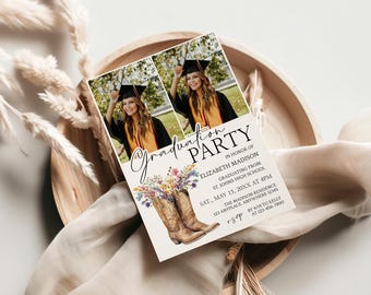 Cowgirl Graduation Invitation,  Western Grad Party Template, Editable Invite, Instant Download, Photo Graduation, Wildflowers, Templett, cgf