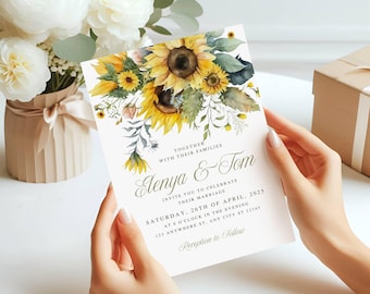 Plantilla de invitación de boda con girasol, invitación de boda rústica, invitación de boda con girasol, editable en Canva, perfecta para bodas de verano