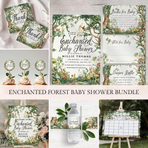 May include: Enchanted Forest Baby Shower party decorations bundle. Includes a welcome sign, invitation, cupcake toppers, water bottle labels, thank you cards, a diaper raffle sign, a guess the due date sign, and a book for baby sign. The design features a whimsical forest scene with mushrooms, butterflies, and flowers.