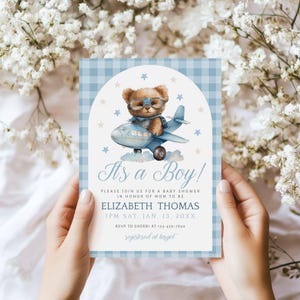 We Can Bearly Wait Invite For Boy, Editable Airplane Bear Baby Shower Invitation, Printable Invite, Boy Baby Shower, Templett - bapbs