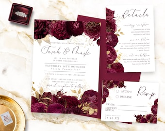 Burgundy And Gold Wedding Invitation| Invitation Suite | RSVP | Wedding Details Card | Wedding Template | Burgundy Gold Wedding | Maroon