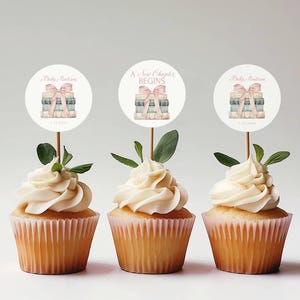 A New Chapter Begins Bridal Shower Cupcake Toppers, Printable Baby Shower Cupcake Picks, Editable Template, Pink Bow Books Shower, Templett