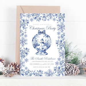 Chinoiserie-kerstuitnodiging - blauw en wit porseleinontwerp - traditionele blauw-witte kerst - Toile - Templett - chch1