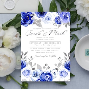 Royal Blue And Silver Wedding Invitation Template, Watercolor Rose, Instant Download, Editable Template, Canva Template, Royal Wedding