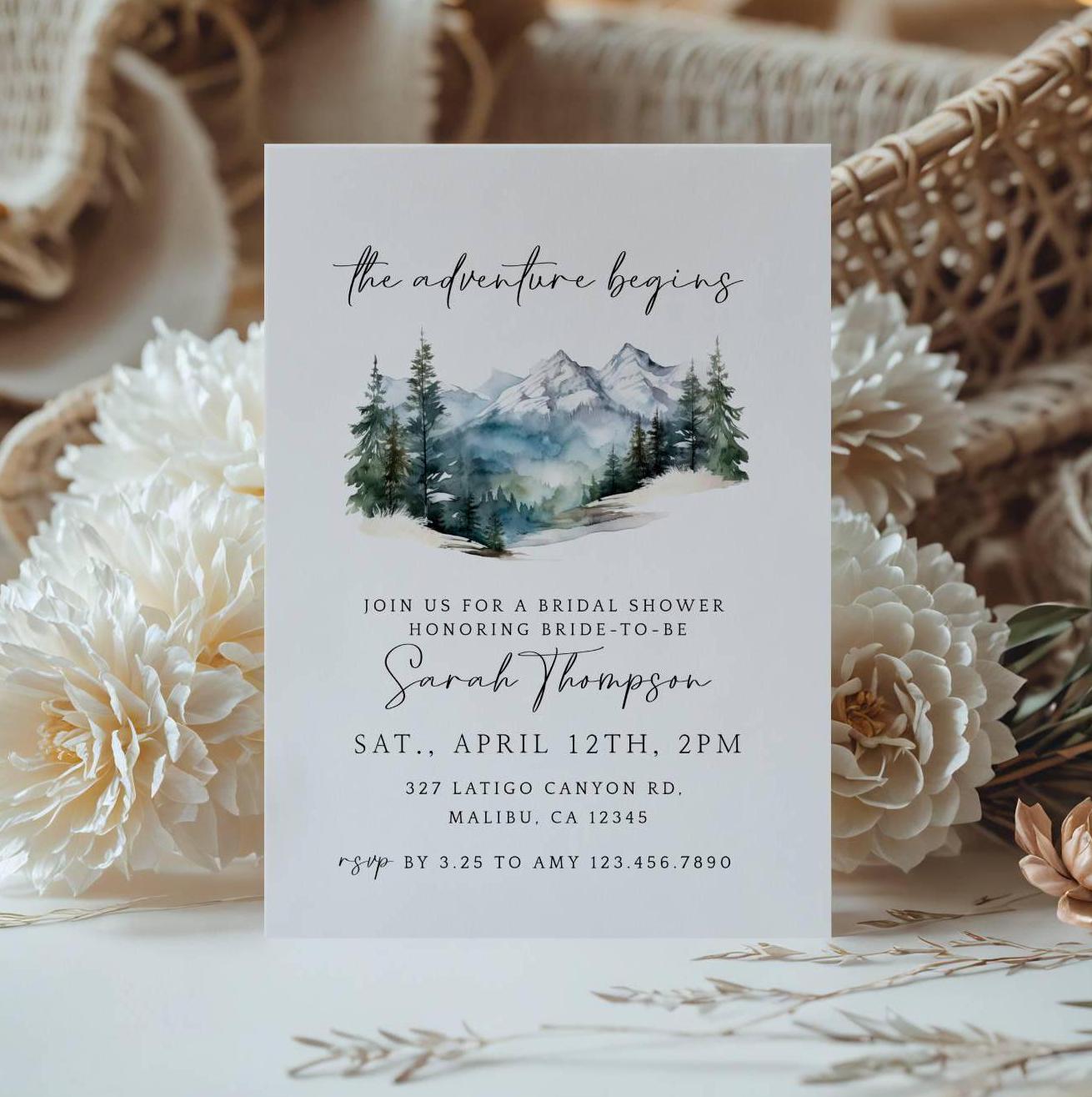 Abenteuer Brautdusche einladen, sofortiger Download, Berg Brautdusche einladen, Abenteuer paar, bedruckbar, bearbeiten in Templett - Tabbs