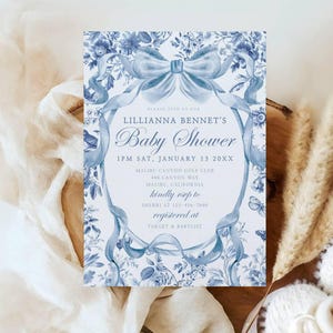 Blue Toile Baby Shower Invite - Editable Template - Elegant Boy Invite - French Toile Floral - Blue Chinoiseries and Bow- Templett - chbsi2