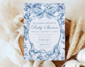 Blue Toile Baby Shower Invite - Editable Template - Elegant Boy Invite - French Toile Floral - Blue Chinoiseries and Bow- Templett - chbsi2
