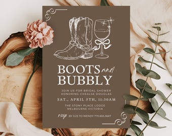 Boots And Bubbly Wedding Shower, Boho Boots And Bubbly Bridal Invite, Editable Template, Western Bridal Shower, Cowgirl Boots Invitation