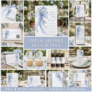 May include: A collection of bridal shower stationery with a blue floral and ribbon theme. The bundle includes invitations, gift tags, wine labels, and cupcake toppers. The phrase "She's Tying the Knot" is a prominent design element.