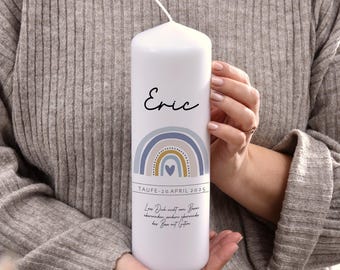 Christening candle rainbow, blue, personalized (25 cm x 7.8 cm)