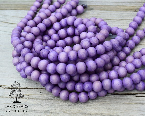 8mm Round Purple Wooden Beads for Crafts, Waxed Dyed Natural Wood
