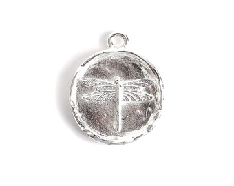 Sterling Silver Plated Dragonfly Charm, Nunn Design Charms, Silver Dragonfly Pendant, Round Charm with a Dragonfly, 1 charm