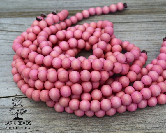 8mm Round Pink Wooden Beads for Crafts, Waxed Dyed Natural Wood