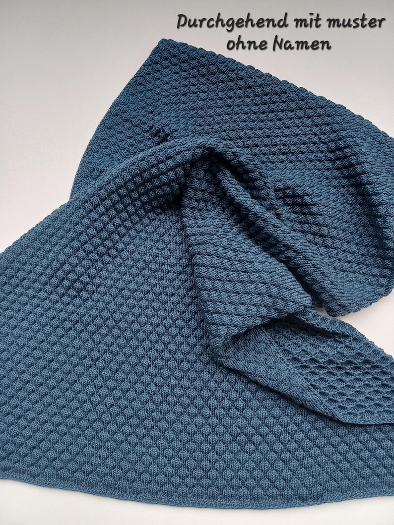 May include: A dark blue knitted blanket featuring a consistent textured honeycomb pattern throughout. The fabric is folded to show the depth of the weave. The text "Durchgehend mit muster ohne Namen" is printed in black in the upper right corner.