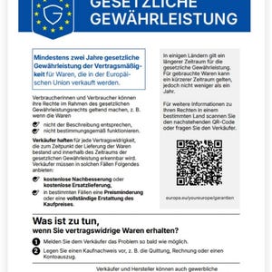 May include: An informational document titled GESETZLICHE GEW&Auml;HRLEISTUNG featuring a blue header with a shield icon surrounded by stars. The text outlines consumer rights for goods sold in the European Union, includes a QR code, and lists steps.