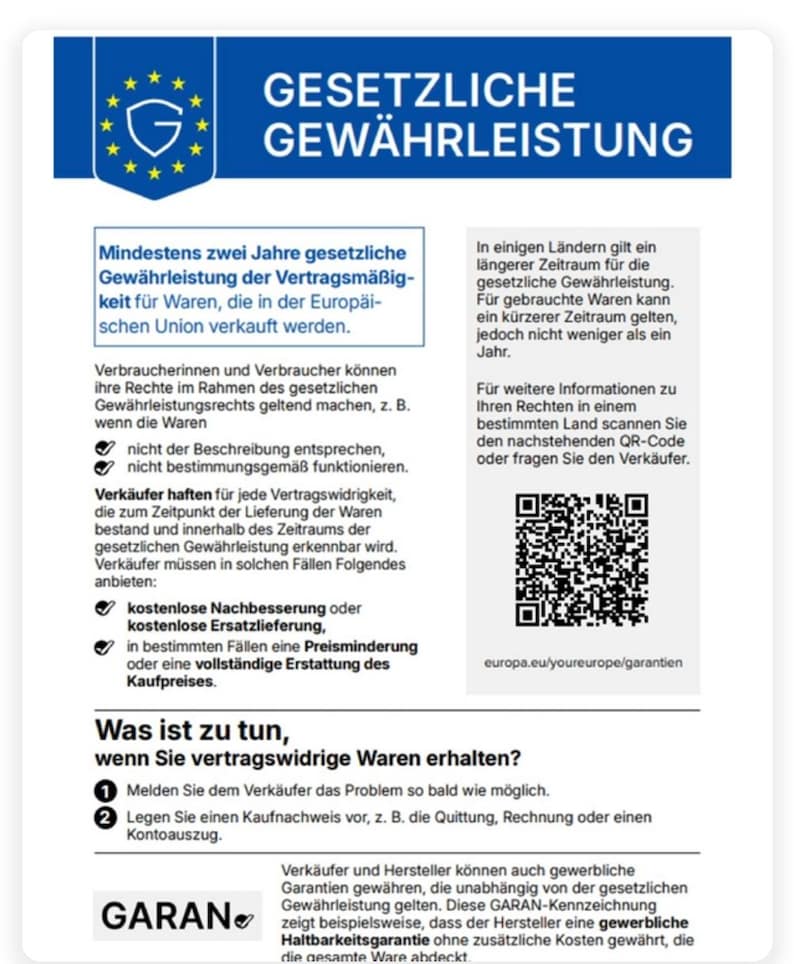 May include: An informational document titled GESETZLICHE GEW&Auml;HRLEISTUNG featuring a blue header with a shield icon surrounded by stars. The text outlines consumer rights for goods sold in the European Union, includes a QR code, and lists steps.
