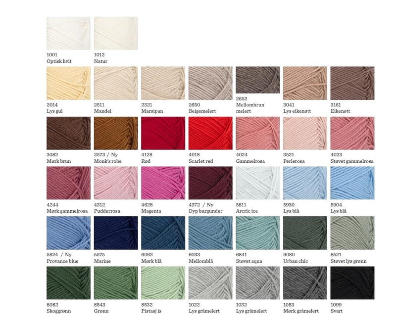 May include: A color chart displaying forty-two individual skeins of yarn arranged in a grid. Each square features a unique color, including various shades of white, beige, brown, red, pink, blue, green, gray, and black, with numerical codes.