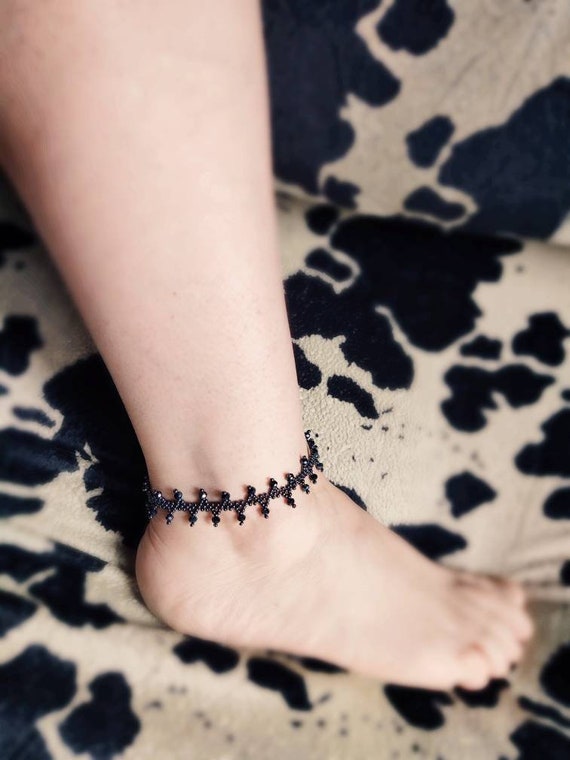 Black Beaded Anklet: Gothic Seed Bead & Crystal Beach Jewelry. - Etsy