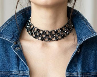 Black Beaded Goth Choker: Sparkling Crystal Necklace.