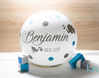 Personalized night lamp, Ø 25 cm, lamp children's room with birth date, ice gray + light blue